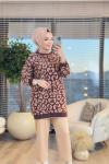 140302 Angora Leopar Desen Triko Uzun Tunik Latte